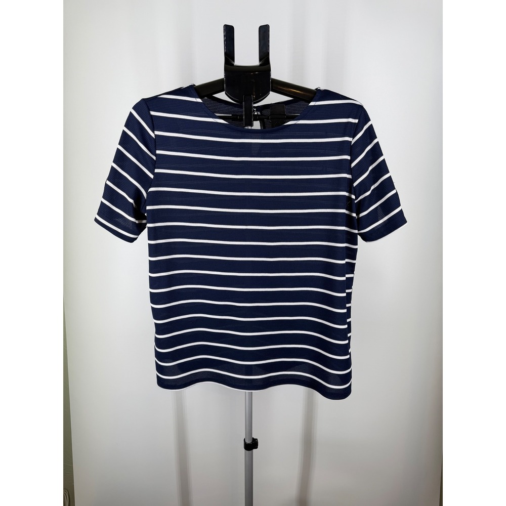 ELLE Navy Blue White Striped Short Sleeve Top Bow Detail Textured Knit Large